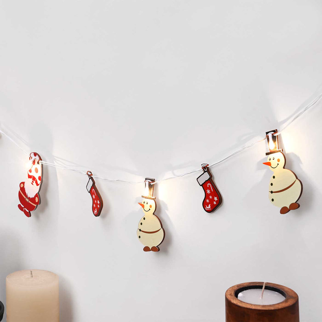 Decorative Pine Wood Snowman & Santa Fairy Light