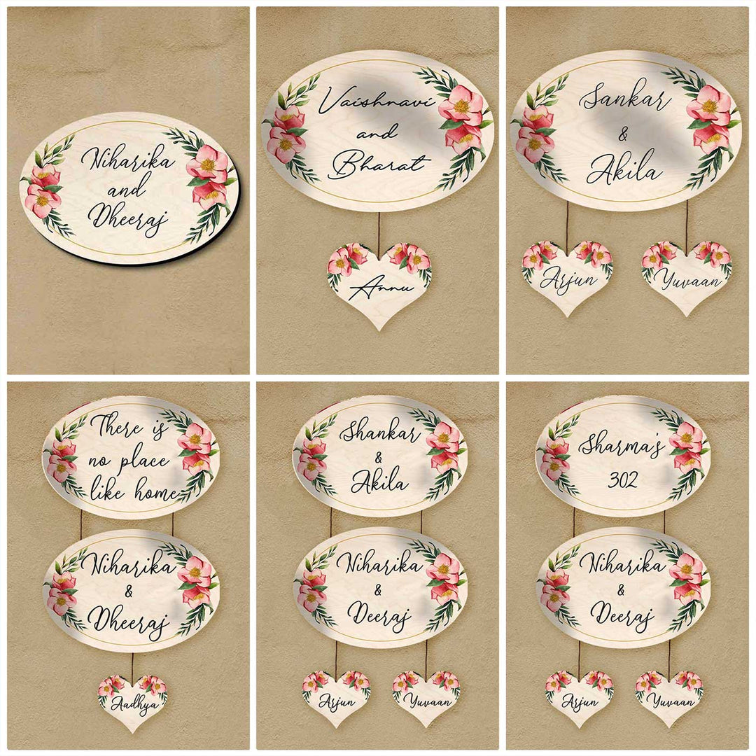 Printed Floral Wooden Oval Nameplate For Couples