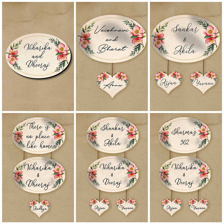 Printed Floral Wooden Oval Nameplate For Couples