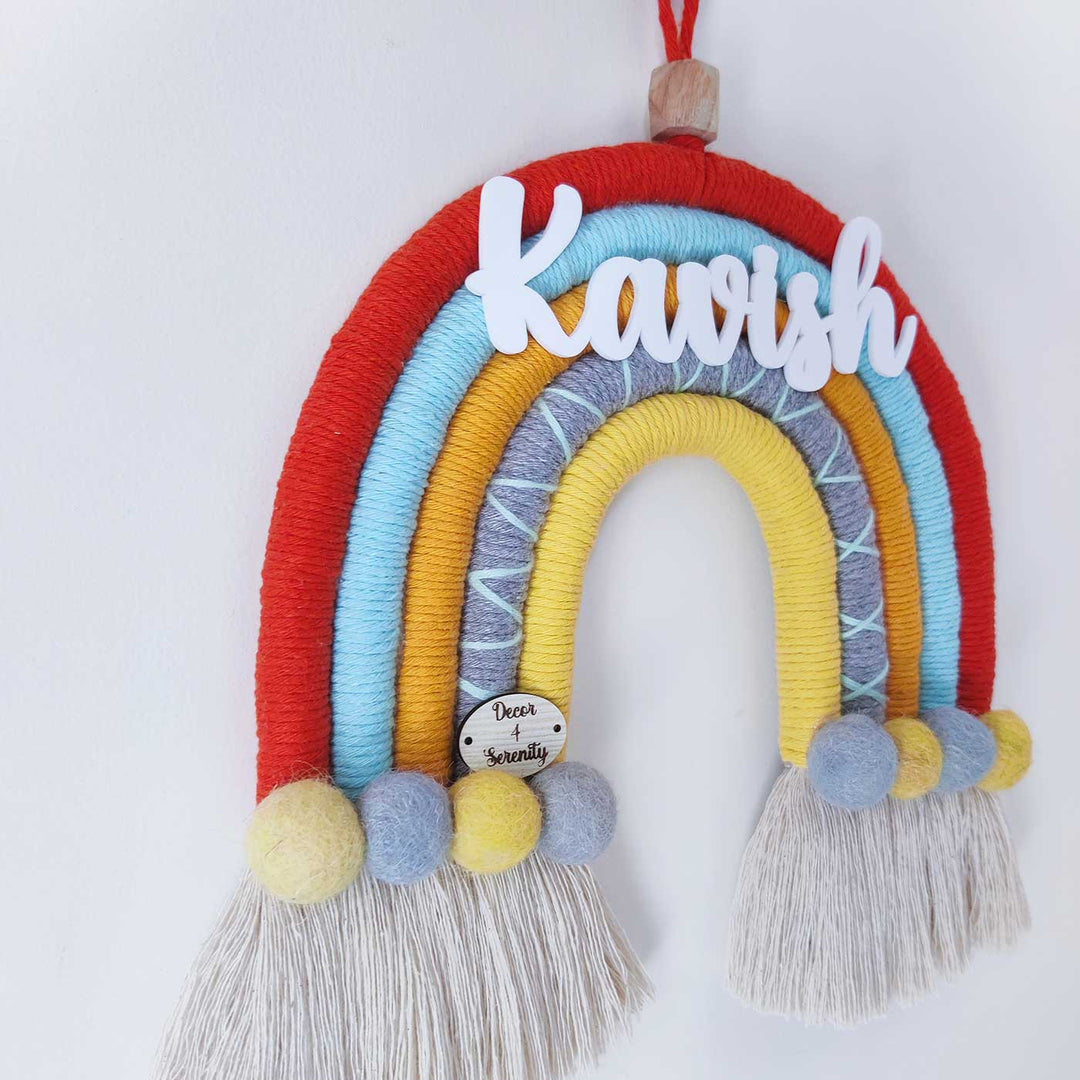 Personalized Handmade Macrame Orange & Yellow Pom Pom Rainbow Kids Name Plate With 3D Letters