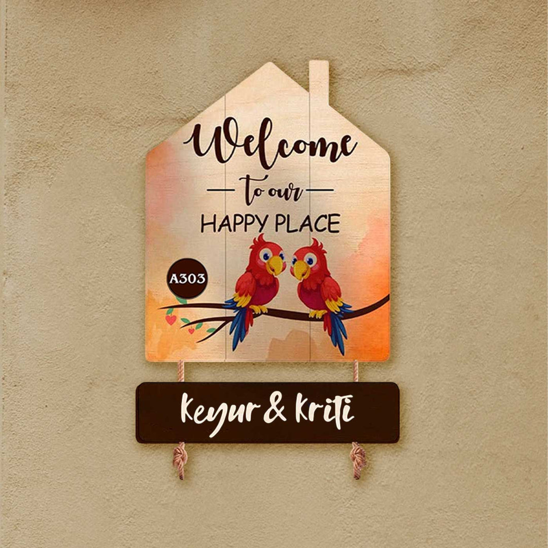 Printed Wooden House Shaped Parrot Nameplate For Couples