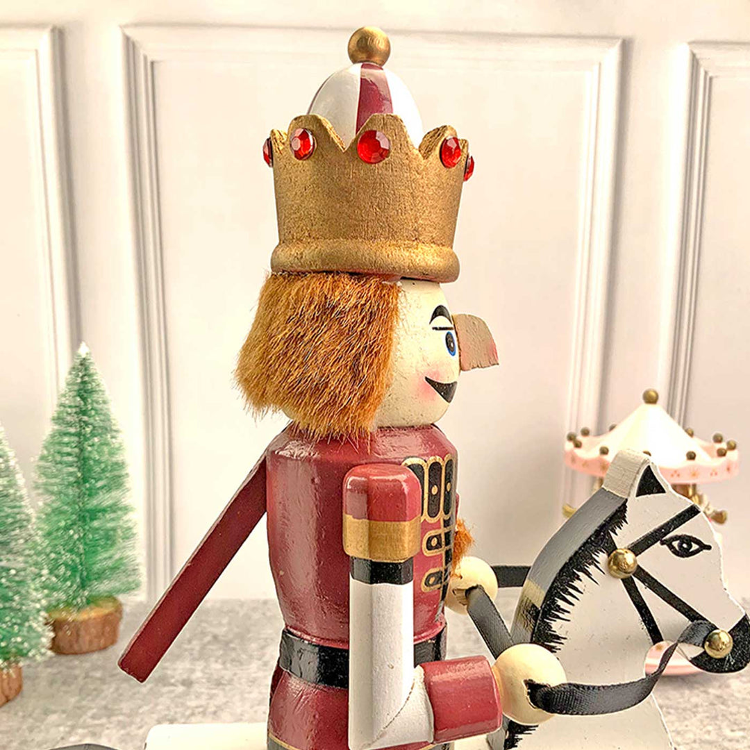 Maroon Rocking Horse Nutcracker Self-Standing Wooden Decor For Christmas Table Decoration