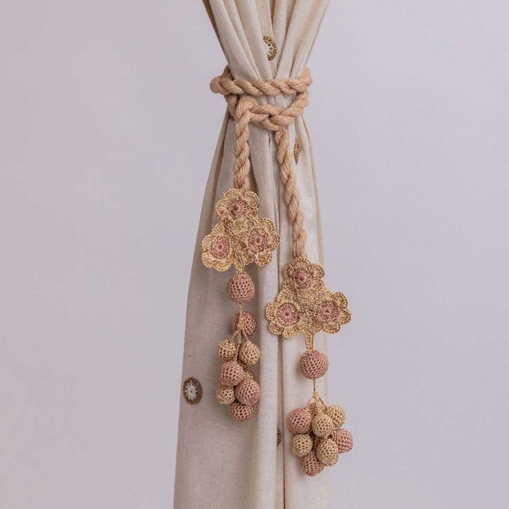 Handmade Kono Beige Triple Flower & Beads Curtain Tie Backs | Set of 2