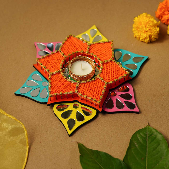 Floral Shaped Orange String Art & Mirrors Tealight Holder