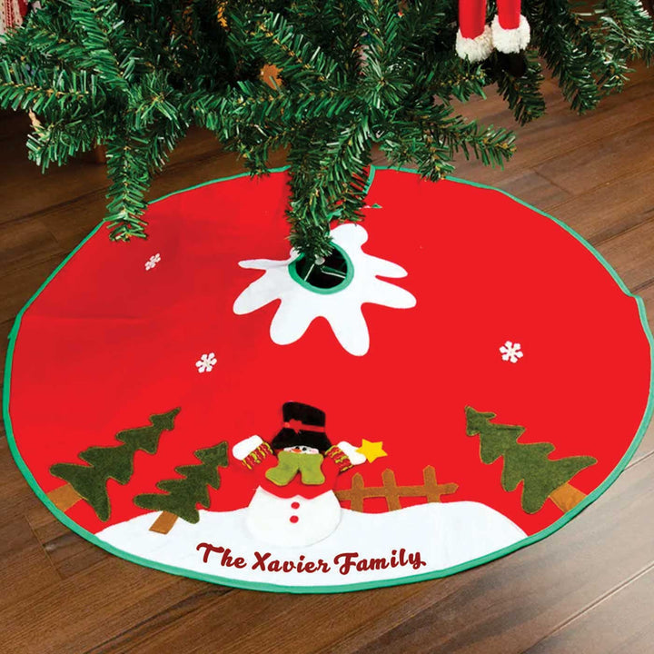 Personalized Snowman’s Magical Playtime Felt Tree Skirt For Christmas Tree Decoration