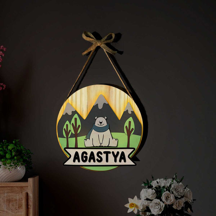 Kids Circular 3D Bear Themed Nameplate with Lights