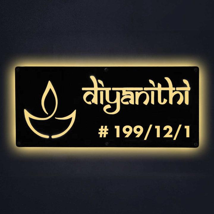 Personalized Waterproof Diya Design Laser Cut Metal LED Name Plate