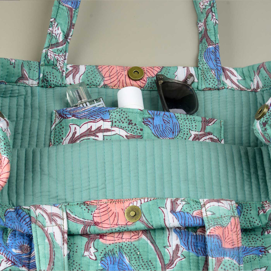 Block Printed Wildflower Convertible Quilted Cotton Tote Bag