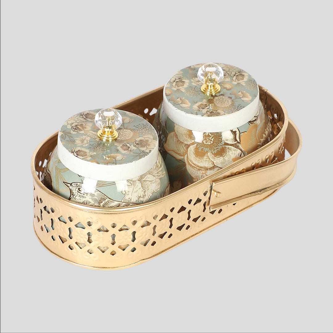 Handmade Bird Print Metal Jar With Basket | Set Of 3