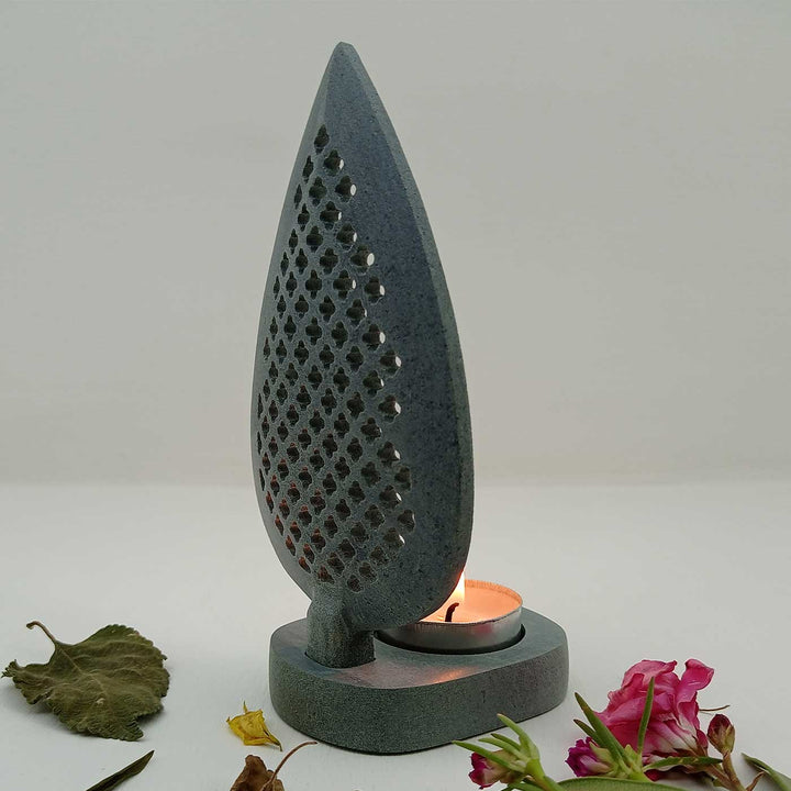 Handmade Grey Taifa Leaf Shape Soapstone Tealight Holder