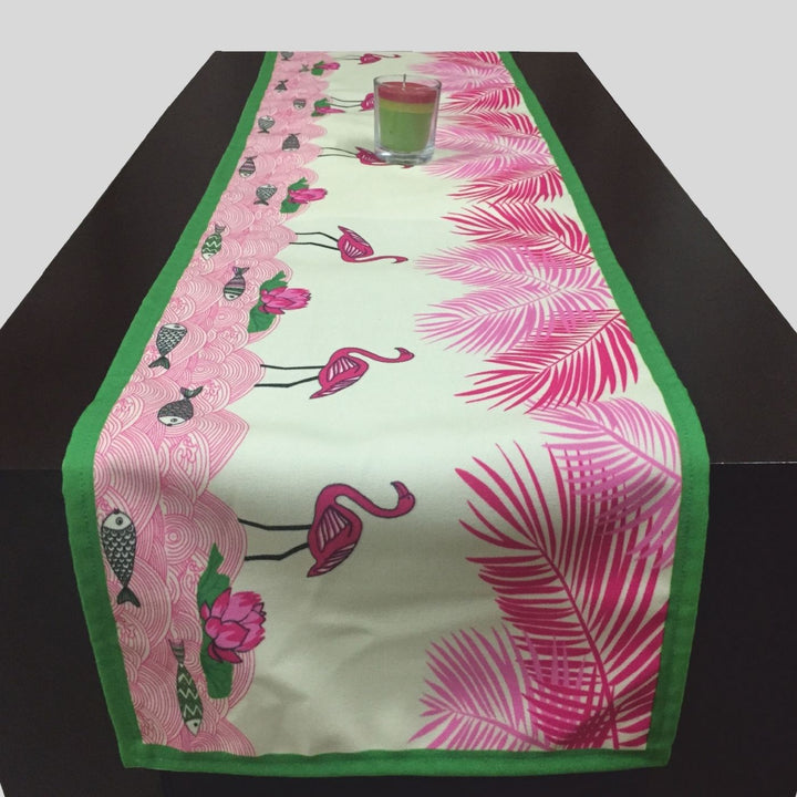 Printed Madhubani Flamingo Habitat Table Runner & Mat Set