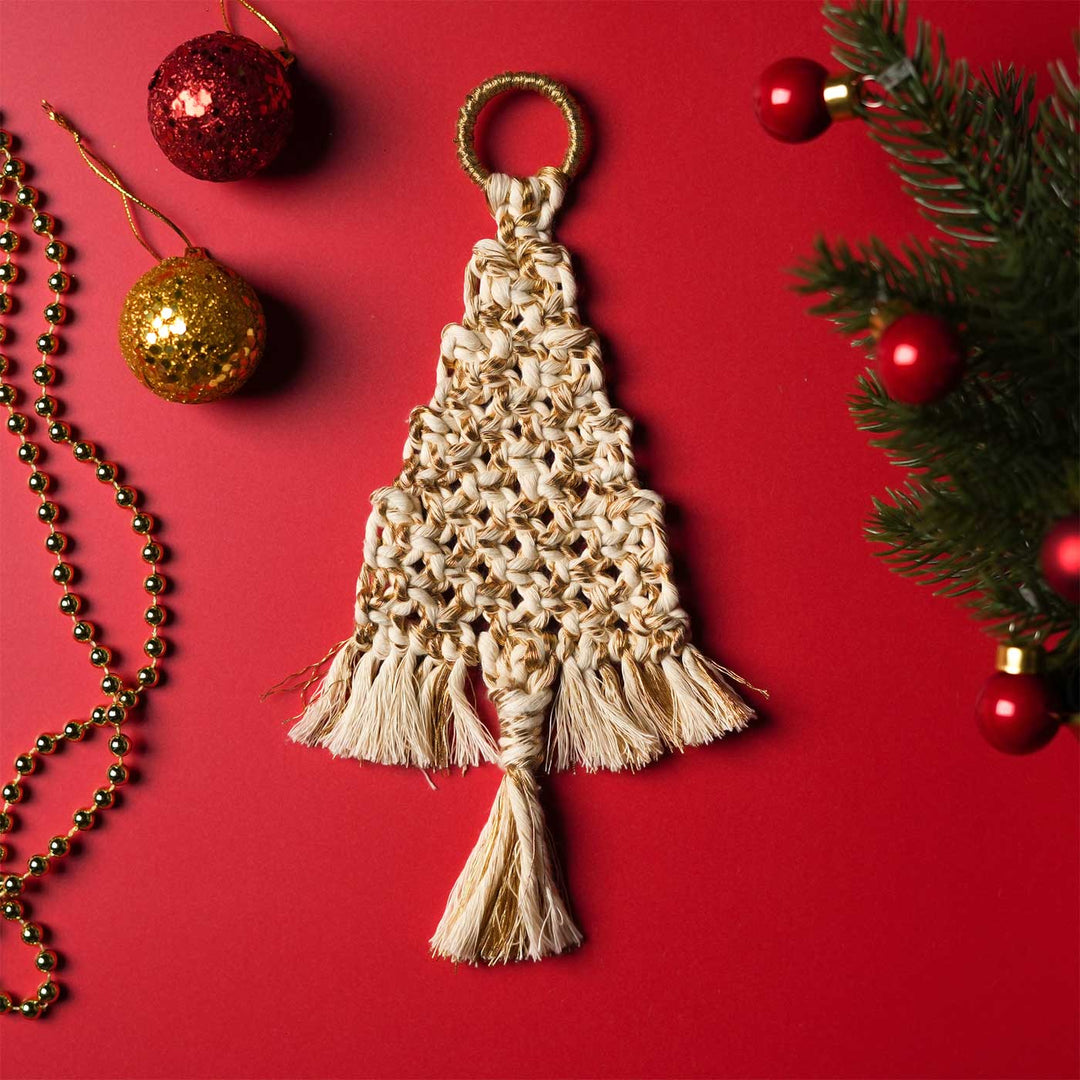 Handmade White & Gold Tree Macrame Ornament For Christmas Tree Decoration