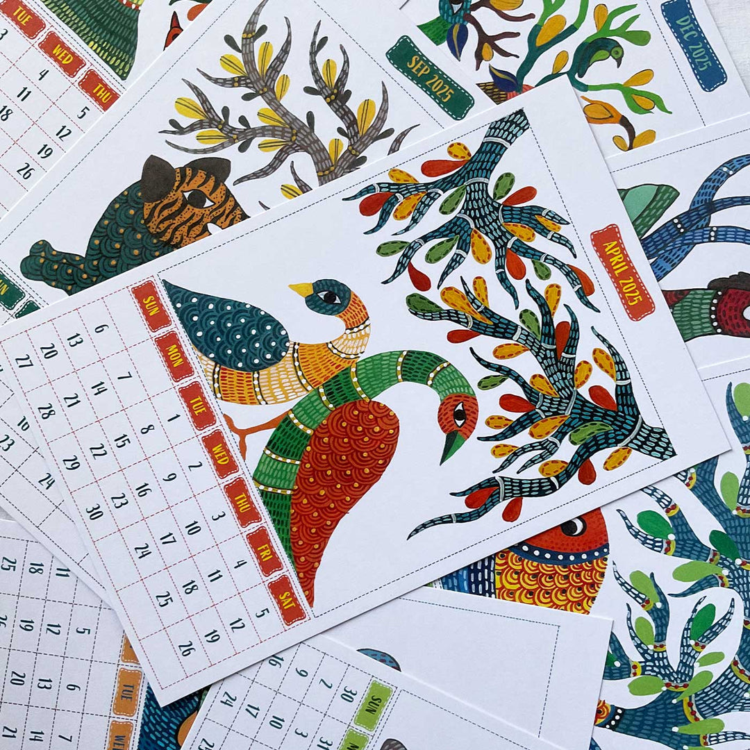 2025 Printed Indian Gond Art Theme Desk Calendar With Easel & Wooden Clips