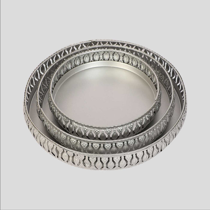 Handmade Round Etching Silver Tray | Set Of 3