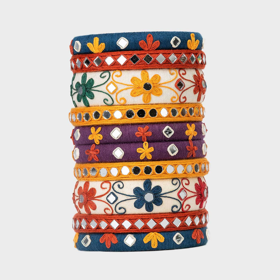 Multicolour Handcrafted Parul Flower Embroidery Work Bangles | Set of 10