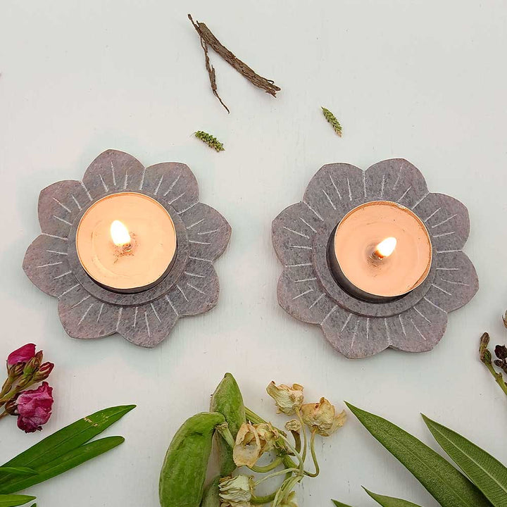 Handmade Grey Kanan Lotus Flower Tealight Holder | Set Of 4