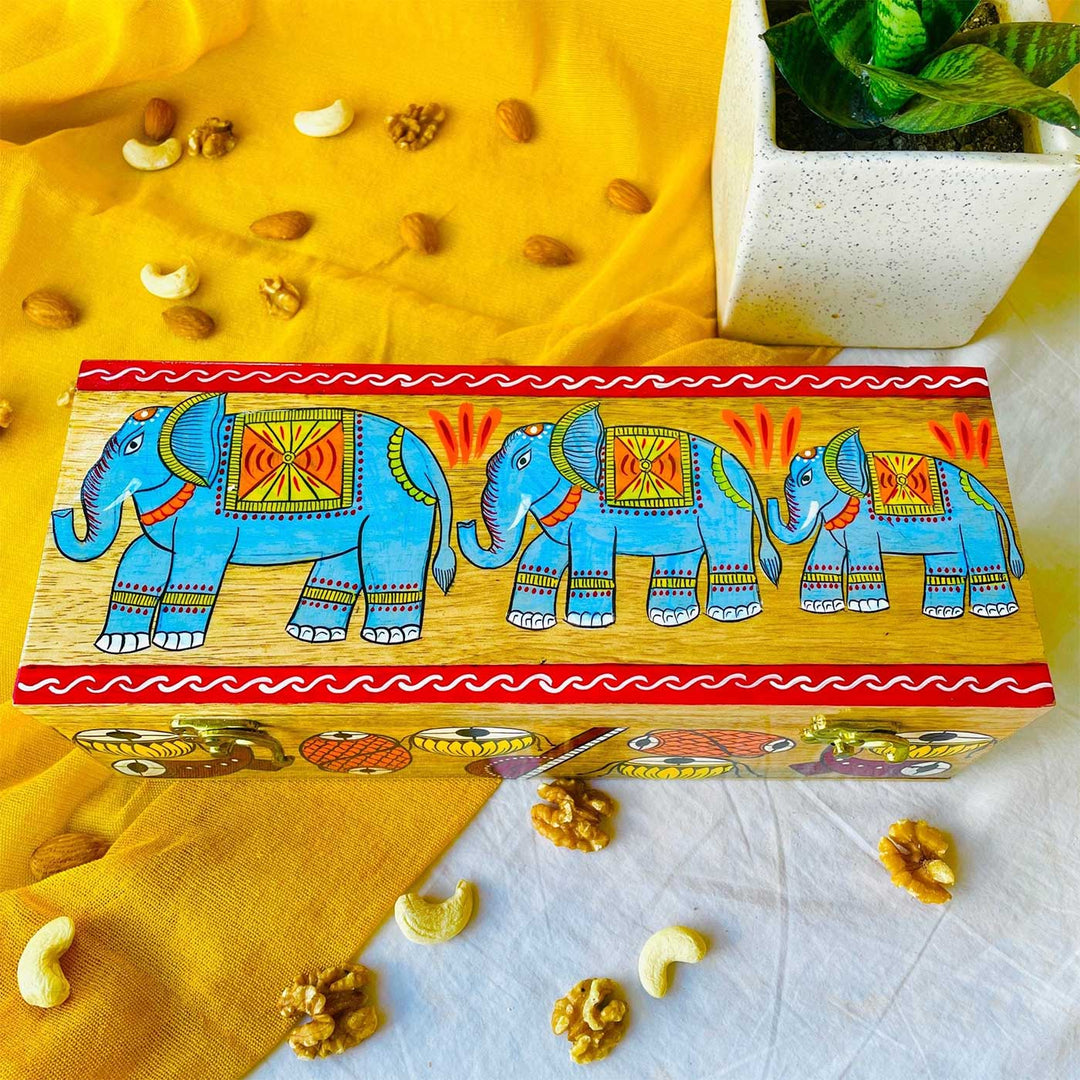 Hand-Painted Pattachitra Gajagamini Wooden Dry Fruit Box