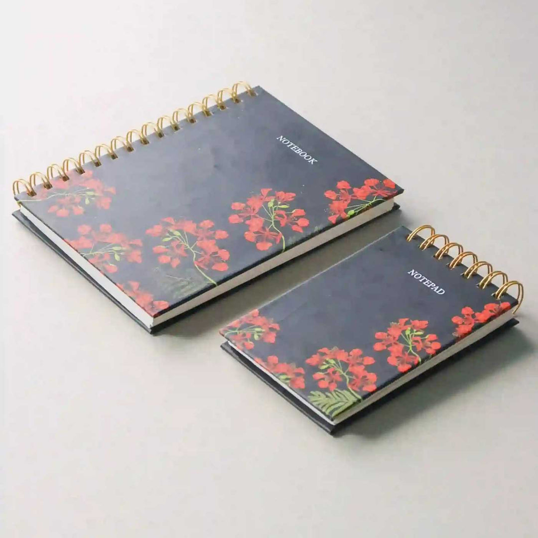 Handmade Gulmohar Black Spiral Notebook and Notepad Set | 80 Pages