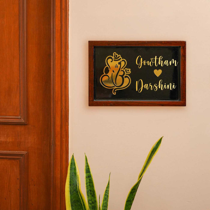 Personalized Ganesha Theme Resin Name Plate With Teak Wood Border For Couples