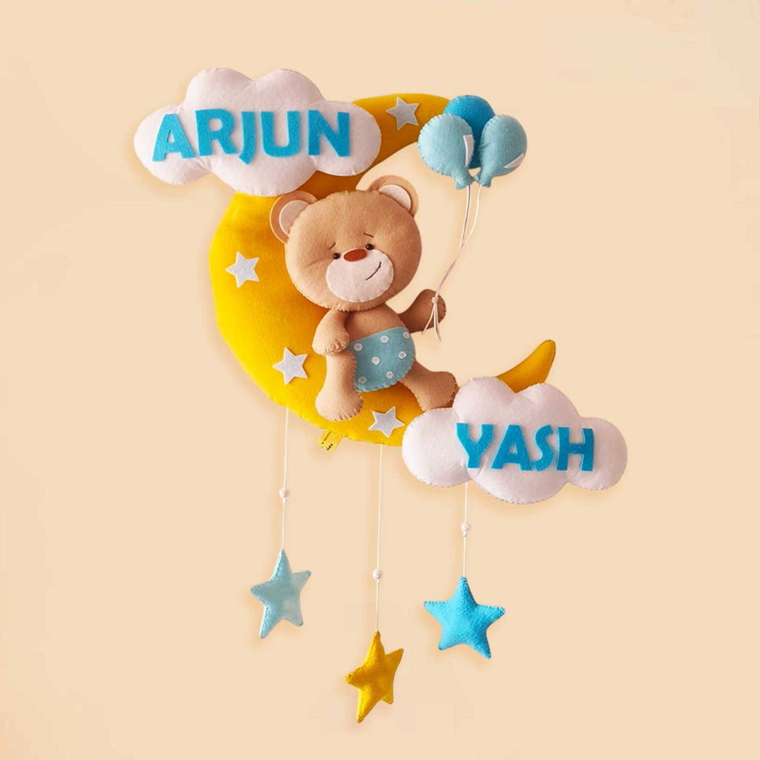 Hand-stitched Teddy Themed Felt Moon Nameplate with Birthdate For Kids