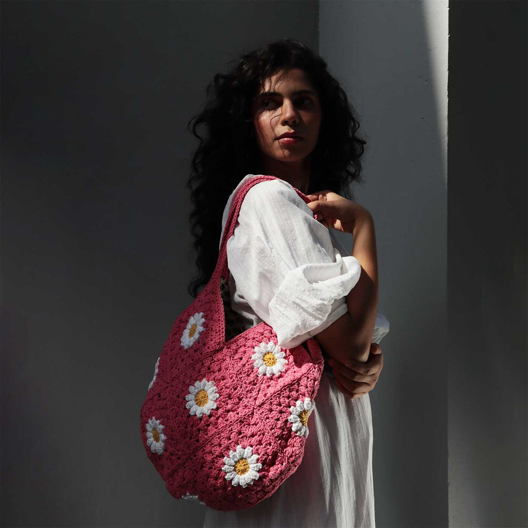 Handmade Crochet Pink Daisy Hobo Shoulder Bag