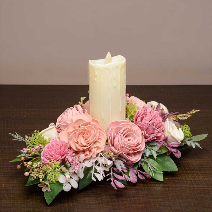 Handmade Rose Glow Shola Flower Centerpiece With Candle Holder