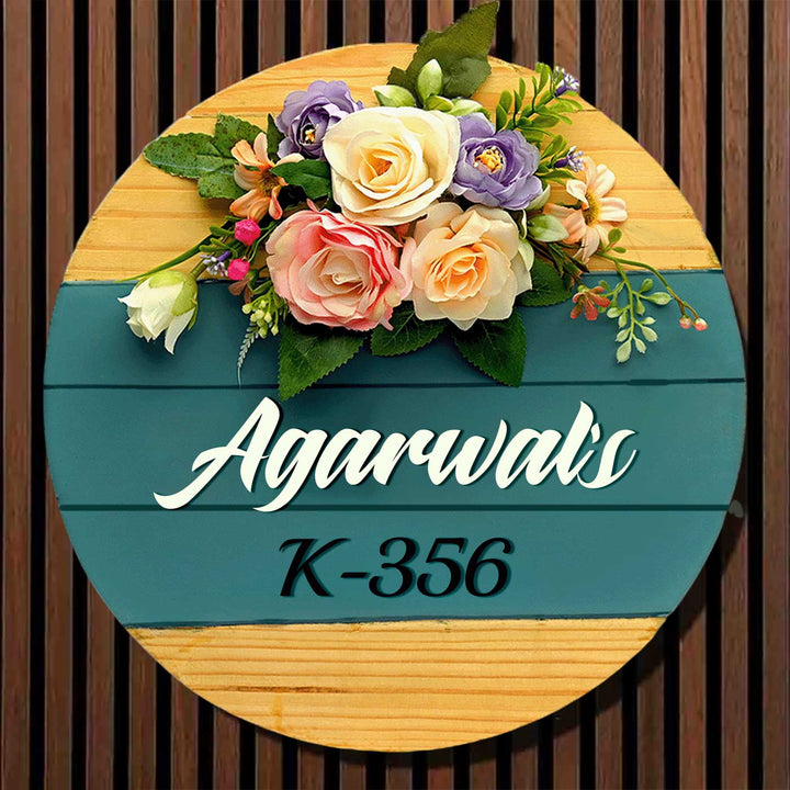 Personalized Handmade Floral Round Wooden Name Plate With 3D Letters