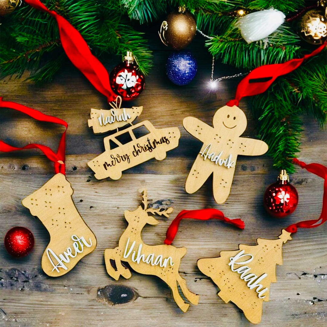 Personalized Xmas Mdf Wood Ornaments For Christmas Tree Decoration | Set Of 5