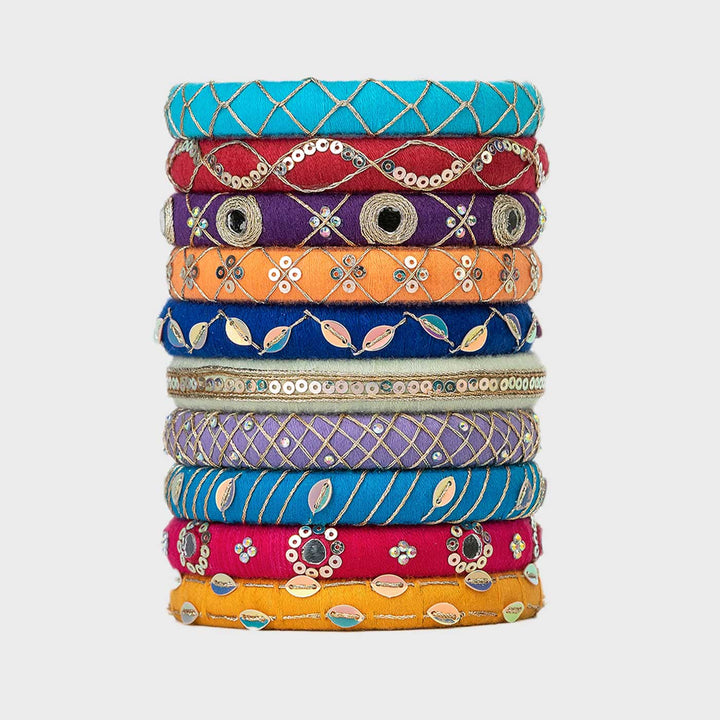 Multicolour Handcrafted Varuni Silver Sequence Work Bangles | Set of 10