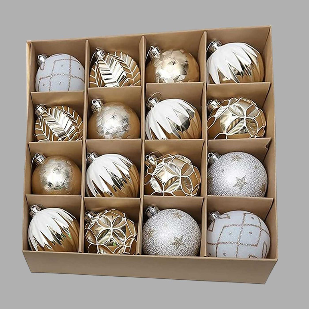 Gold & Silver Icing Theme Shimmer Set Christmas Ball Ornaments For Decoration | Set of 16