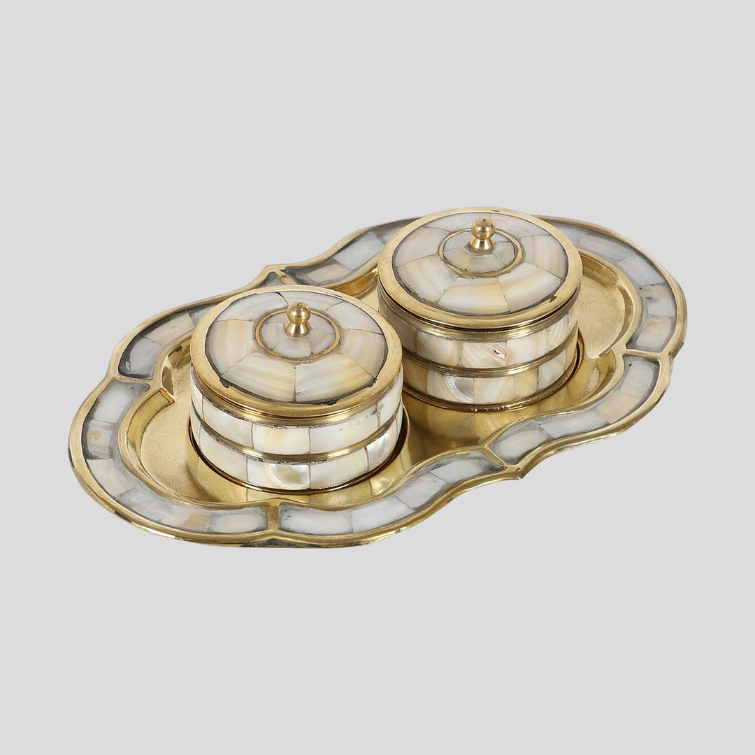 Handmade Brass & Mop Platter With  Supari Boxes | Set Of 3