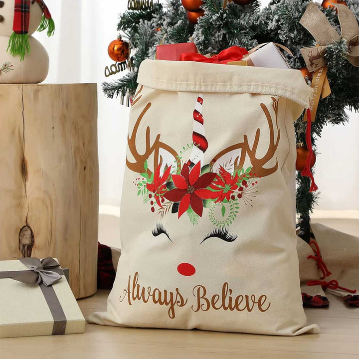 Personalized Reindeer Unicorn Extra Large Muslin Gift Sack | Xmas Gifting Ideas