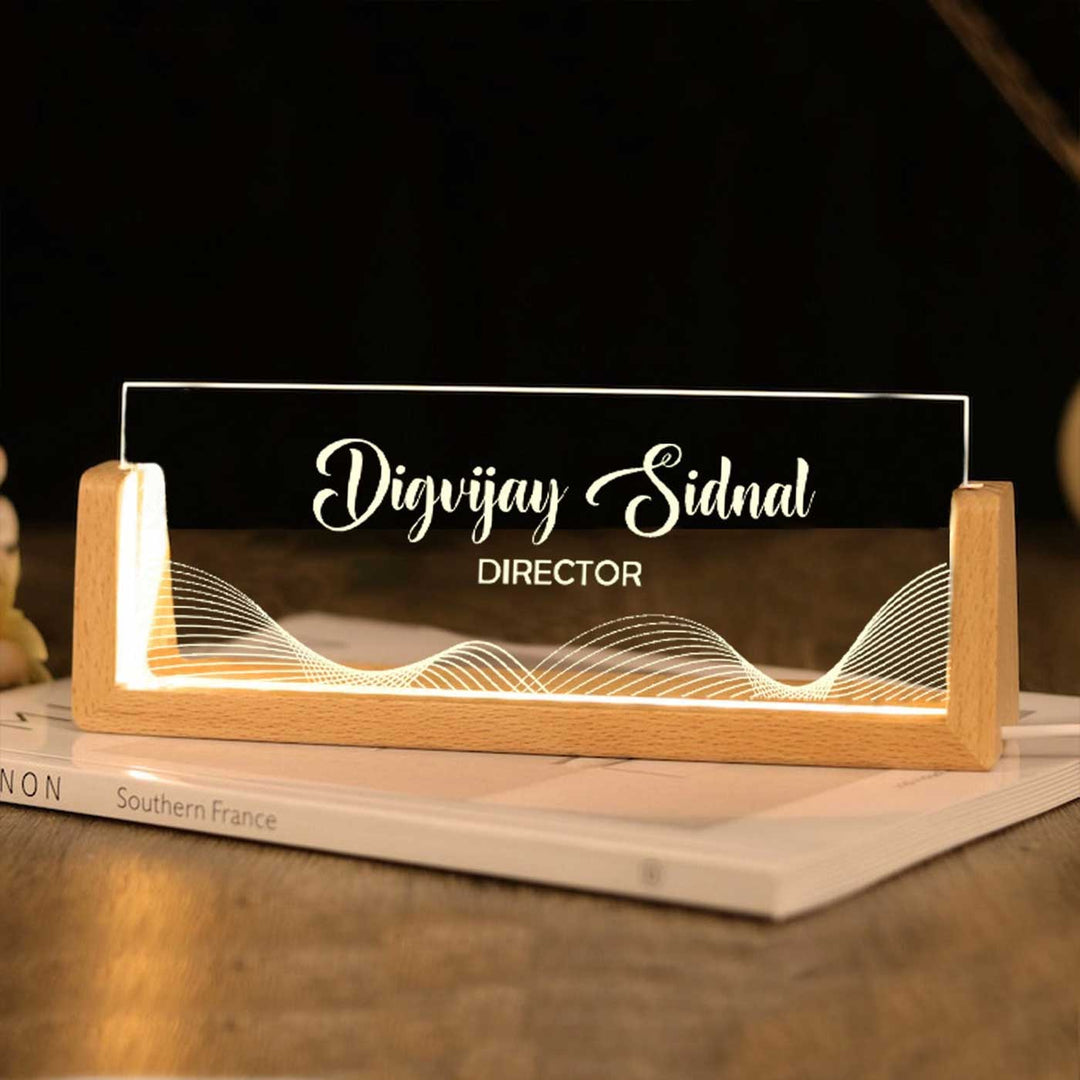 Personalized Profession Wave Pattern Sleek Glass Desk Nameplate With LED Light