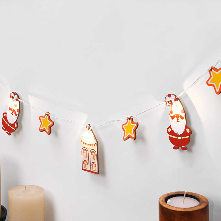 Decorative Pine Wood Santa, House & Star Fairy Light