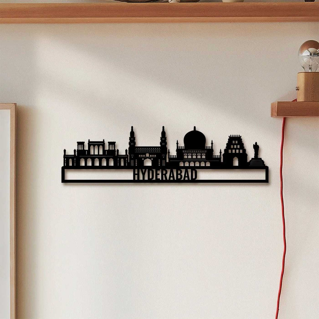 Printed Black Wooden Hyderabad City Skyline Wall Decor