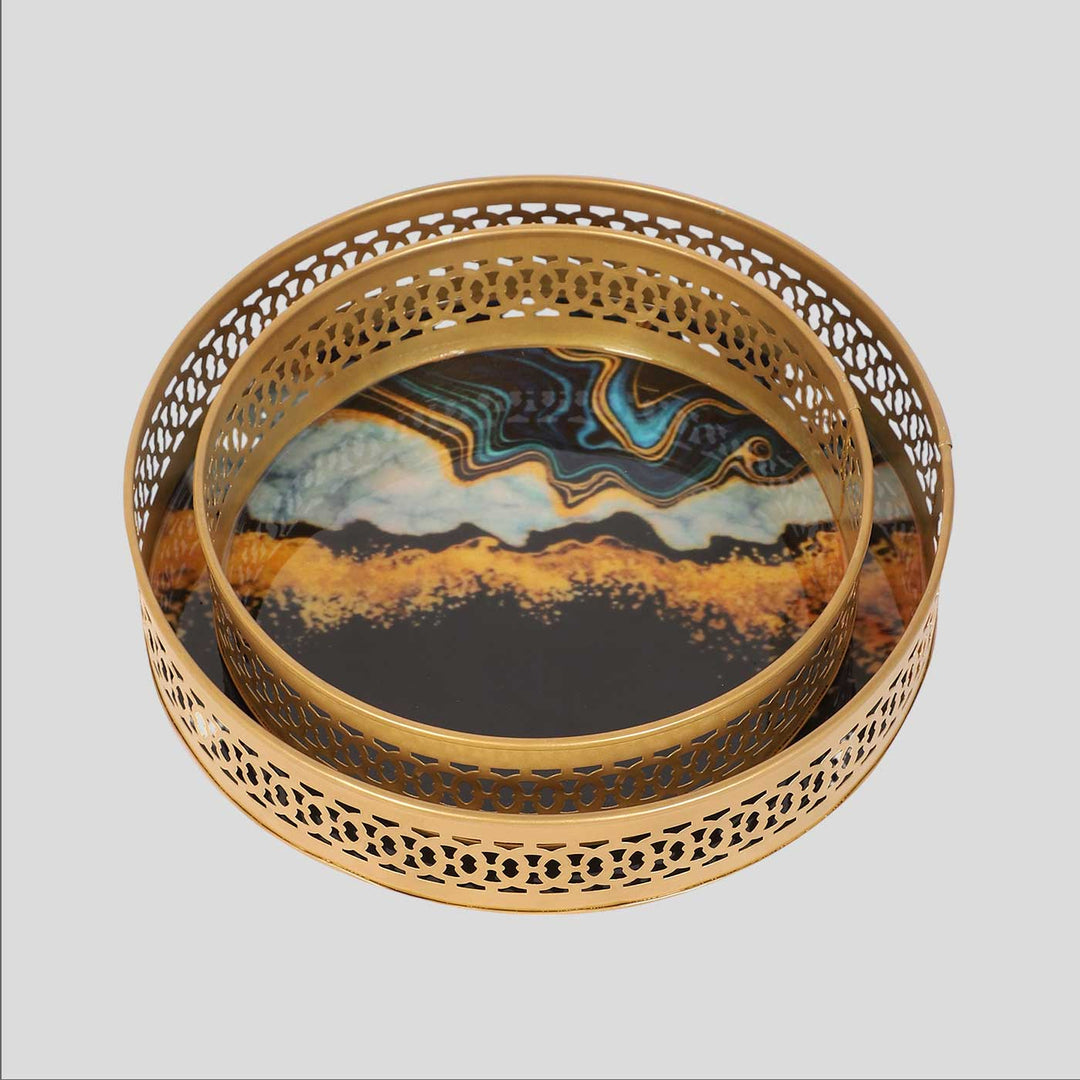 Handmade Round Blue & Black Metal Meena Tray | Set Of 2