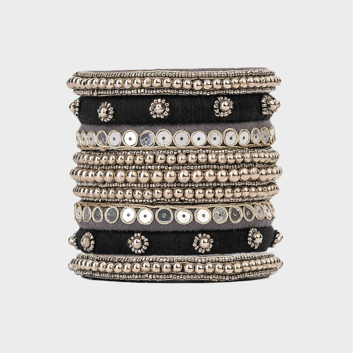 Black & Silver Handcrafted Amara Sequin Work Bangles | Set of 7