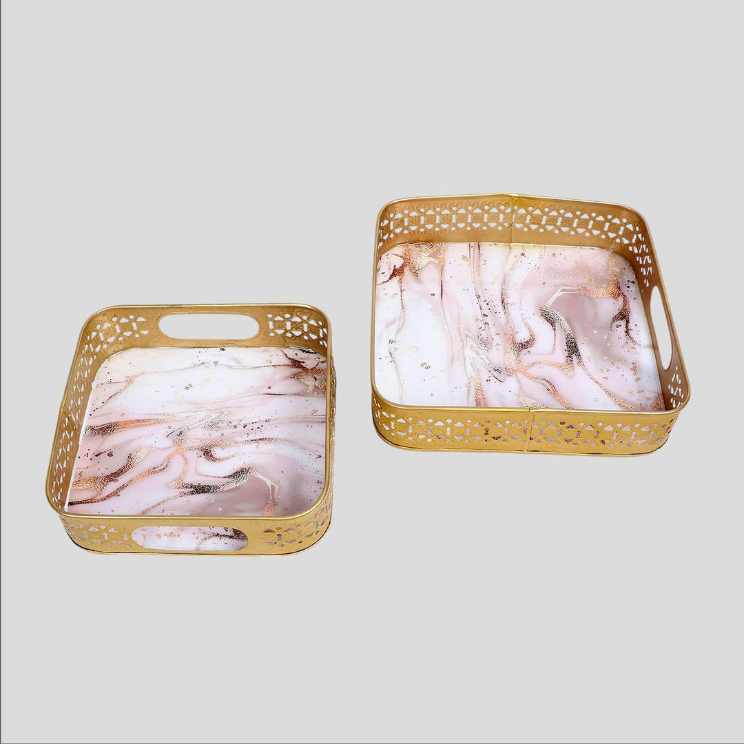 Handmade Pink & Gold Wavy Design Tray | Set Of 2