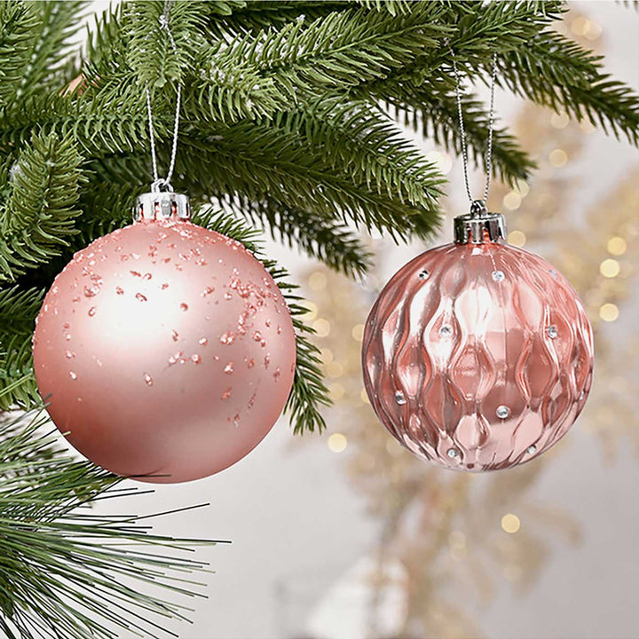 Rose Gold Snowflake Shimmer Christmas Ball Ornaments For Decoration | Set of 16