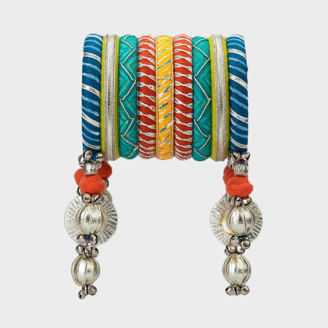 Multicolour Handcrafted Urvi Gotapatti with Pompom Ghugharu Bangles | Set of 9