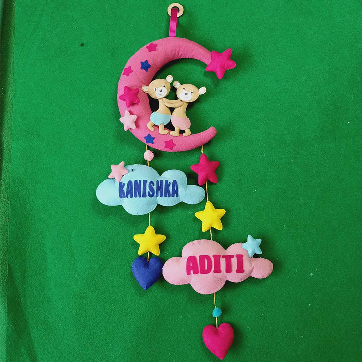 Personalized Handmade Moon Shaped Felt Kids Name Plate For Siblings