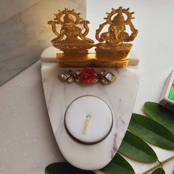 Handmade Laxmi Ganesha With Marble Base Tea Light Holder