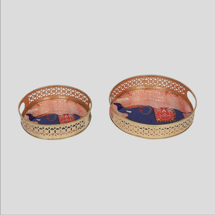 Handmade Pink Elephant Pichwai Tray | Set Of 2