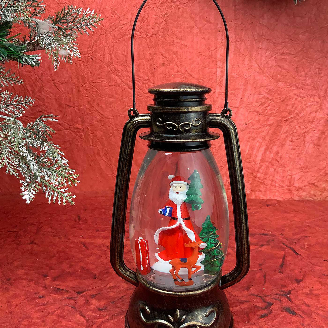 Santa With Rotating Gift And Deer Musical Lantern For Christmas Table Decoration