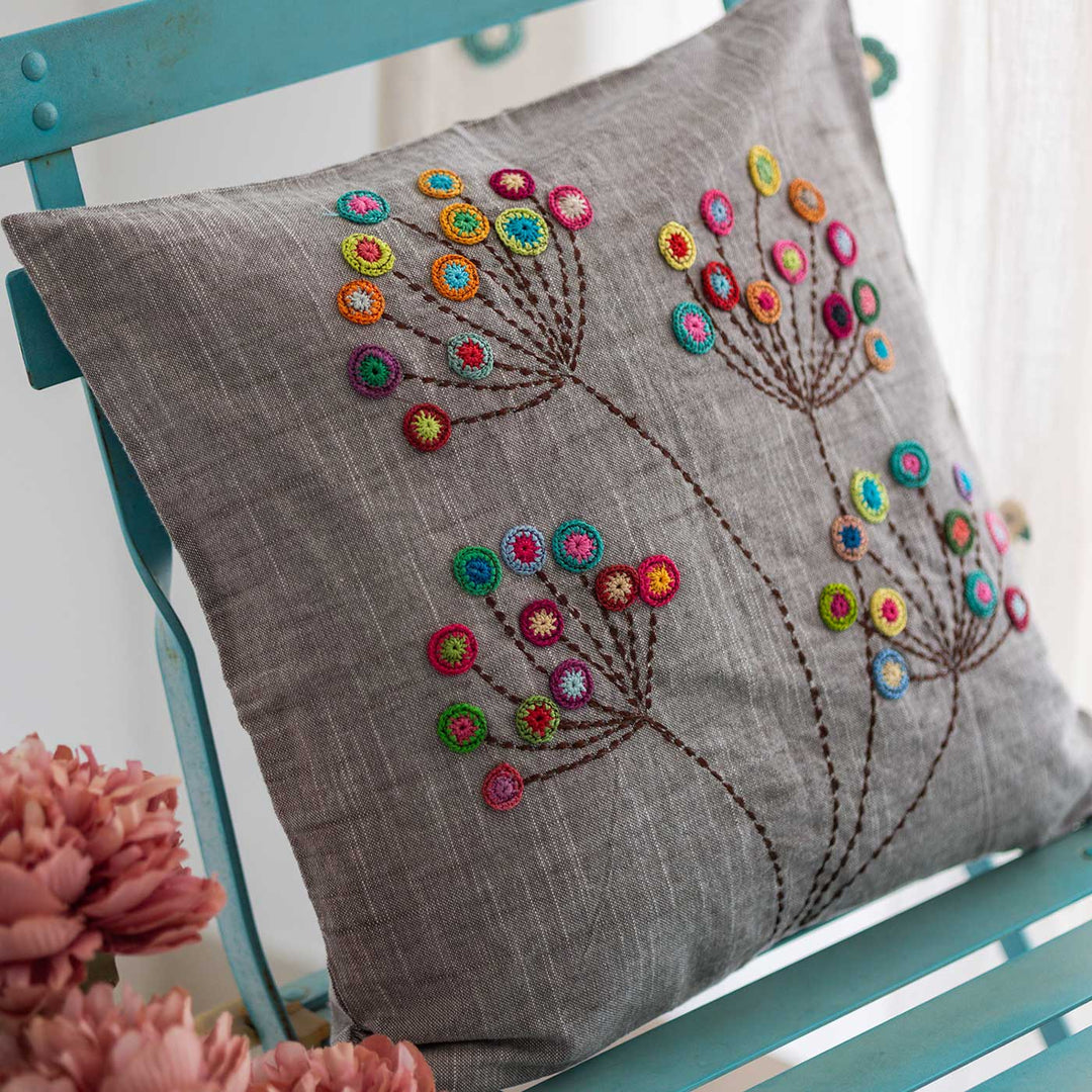 Handmade Prakriti Grey Blossom Cushion Cover | 16 inch