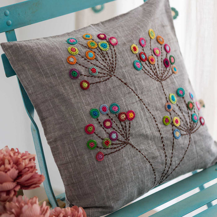 Handmade Prakriti Grey Blossom Cushion Cover | 16 inch