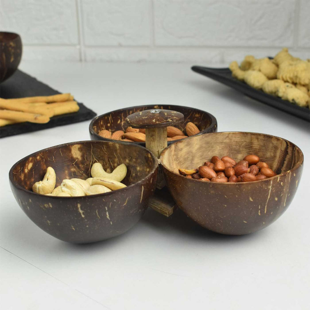 Personalized Eco-Friendly Handmade Three Bowl Coconut Shell Serving Set