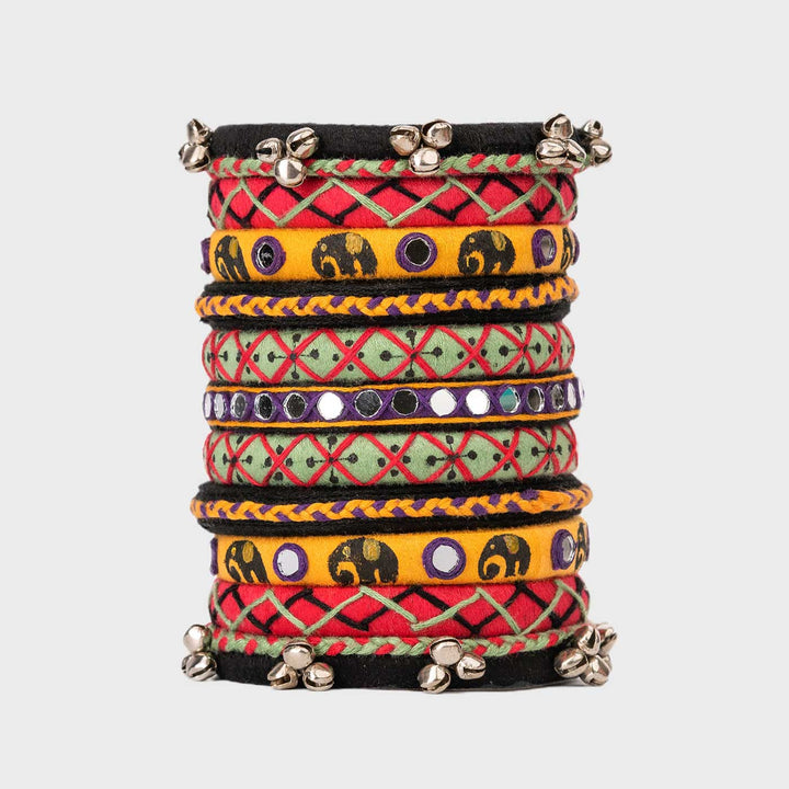 Multicolour Handcrafted Vedanshi Elephant Print Ghugharu Bangles | Set of 11