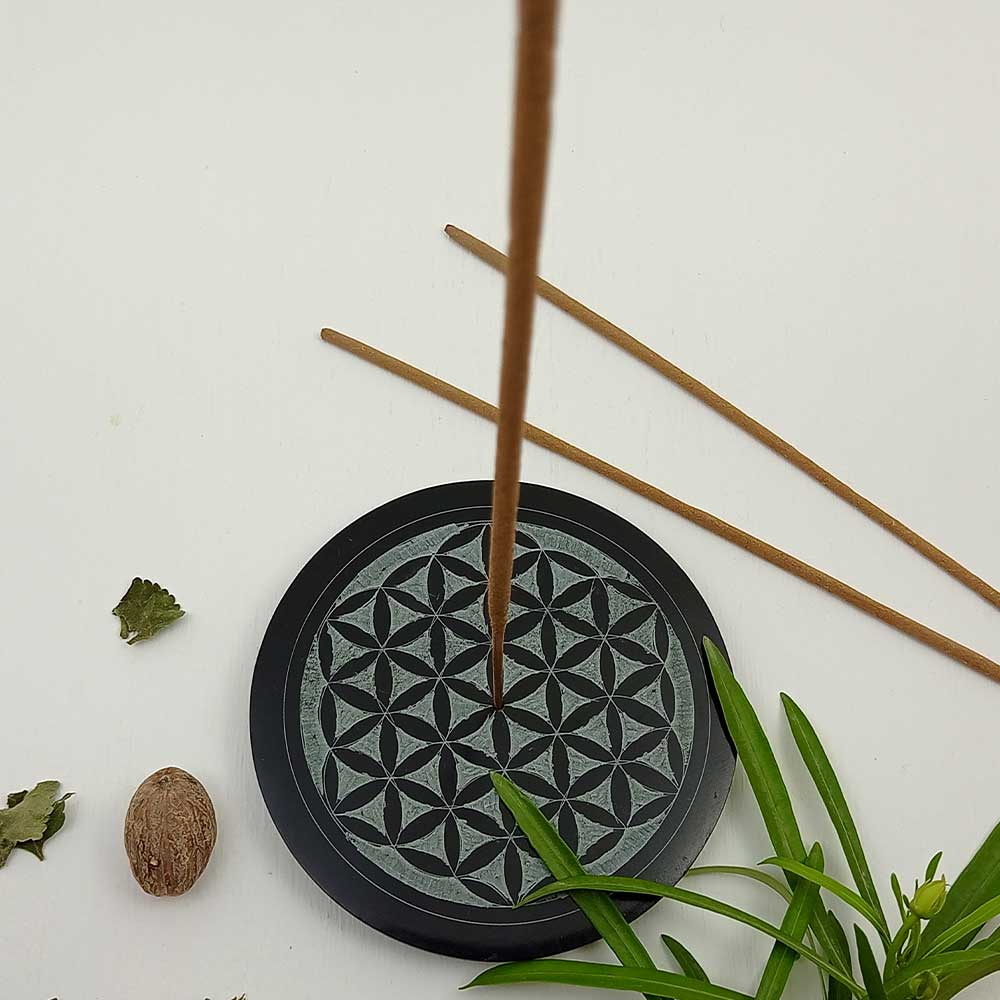 Handmade Black Faiza Flowers Of Life Soapstone Incense Stick Holder | Set of 2