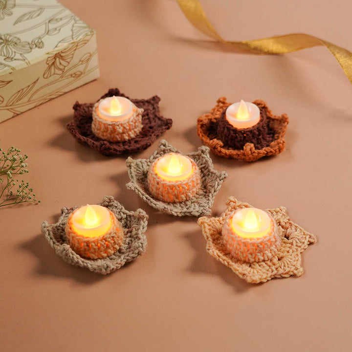 Handmade Crochet Brown Tealight Holder | Set Of 5